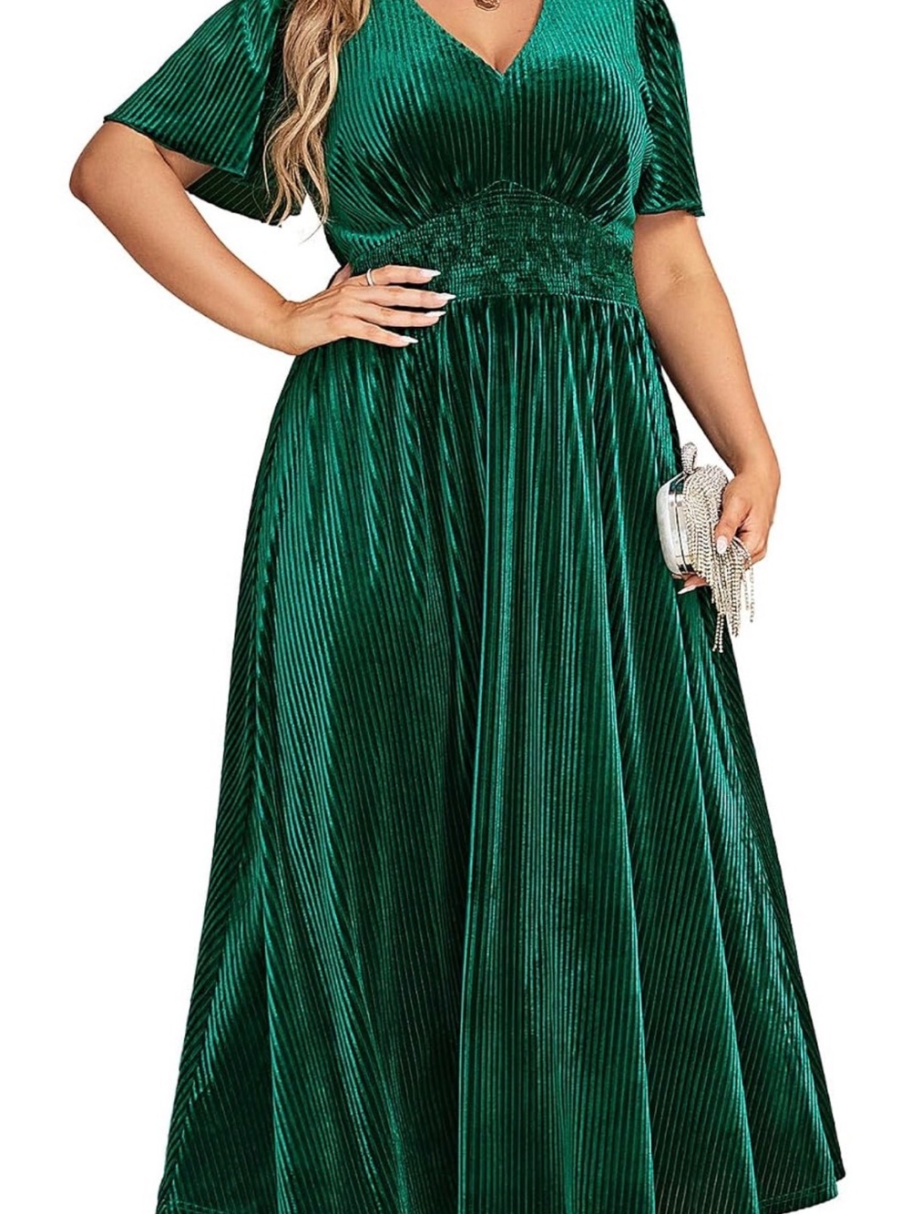 Plus Size Emerald Green Velvet Pleated V-Neck